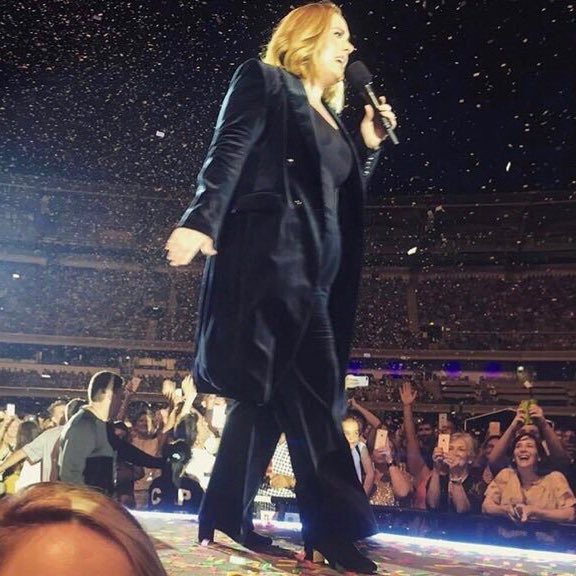 adeleactivities's tweet image. Adele wearing a black velvet pantsuit