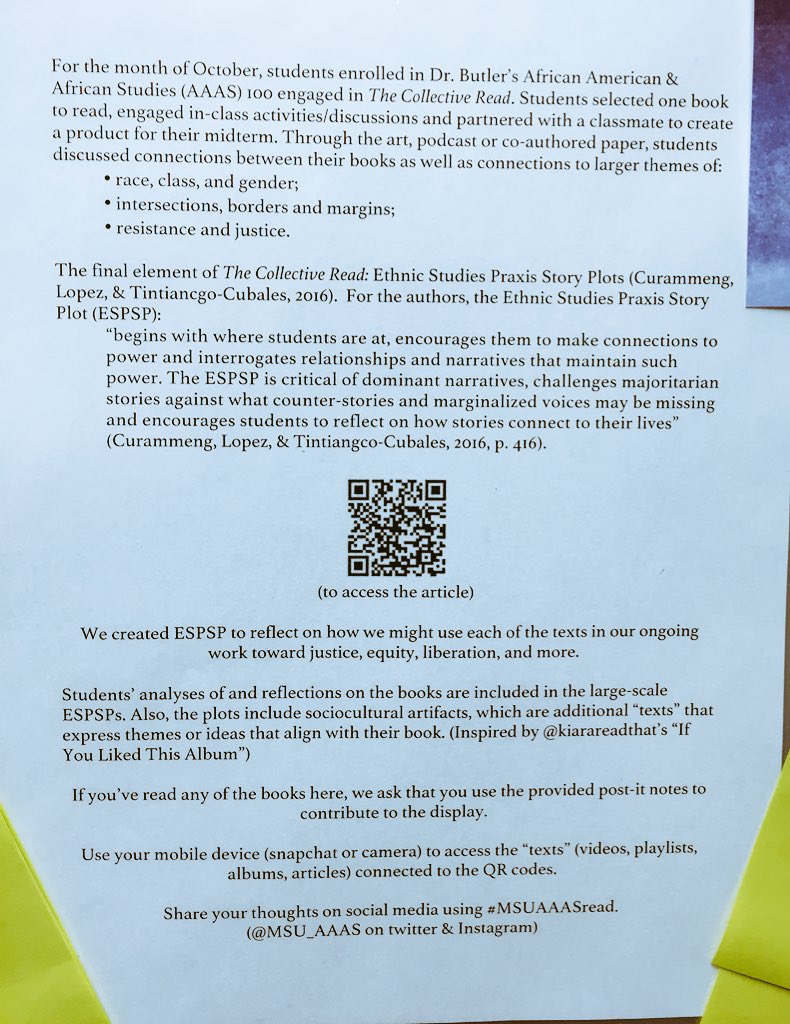 DrDefyant_Tam's tweet photo. 🗣 ALSO on Thursday: students enrolled in @MSU_AAAS 100 installed large-scale “Ethnic Studies Praxis Story Plots”. #MSUAAASread https://t.co/kcBDyzsDwV