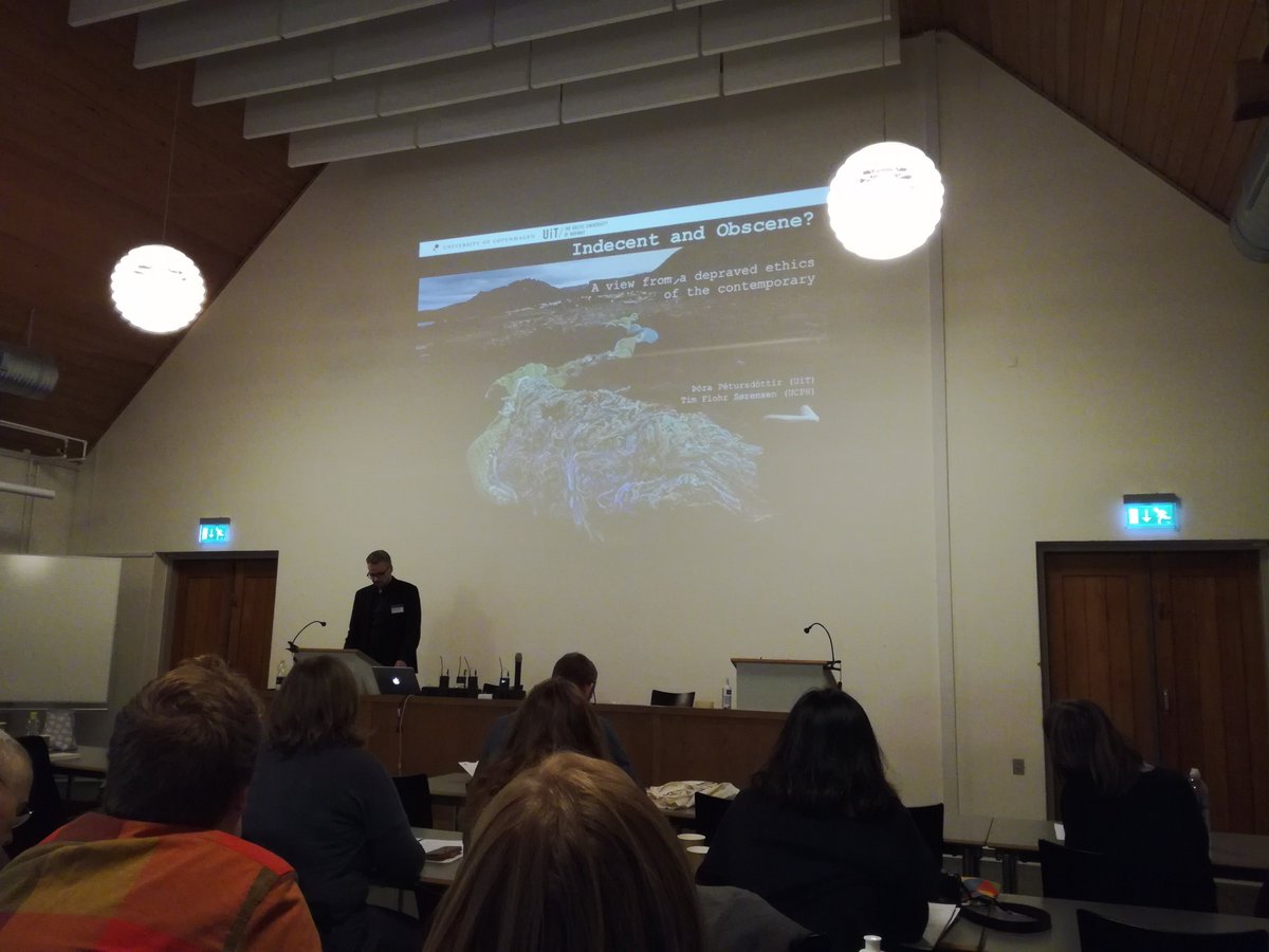 haraldfred's tweet photo. #CHATact Þóra Pétursdóttir @UnrulyHeritage &amp; Tim Flohr Sørensen now on afterlives of things and subverting the anthropocentric focus of the #anthropocene. 

Arguing (I think) that recognising more-than-human ethics does not dictate human inaction.
Is there a post-human activism? https://t.co/39VyY5hKzK