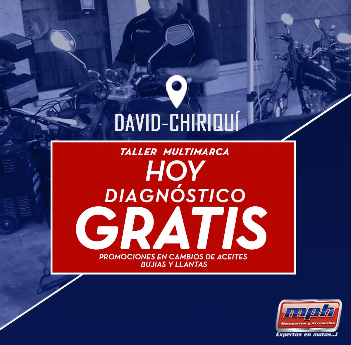 MPH_Motopartes's tweet photo. HOY sábado, el diagnóstico de tu moto es totalmente GRATIS!!
Te esperamos en #MPHDavid con promociones increíbles en cambios de aceite, llantas y bujías.!
.
 #MPHDavid #AccesoriosMotos #MotosPanama #TallerMultimarca https://t.co/tGhcPEUMbb