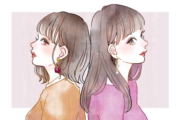 multiple girls 2girls earrings jewelry shirt brown hair bangs  illustration images