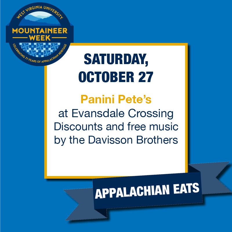 WVUMtnrWeek's tweet photo. Big event today at @PaniniPetes in the @WVUCrossing: food and drink deals plus FREE live music by the @DavissonBroBand! What a fun night! 🎸 #AppalachianEats https://t.co/I9i6Uhw5Zr