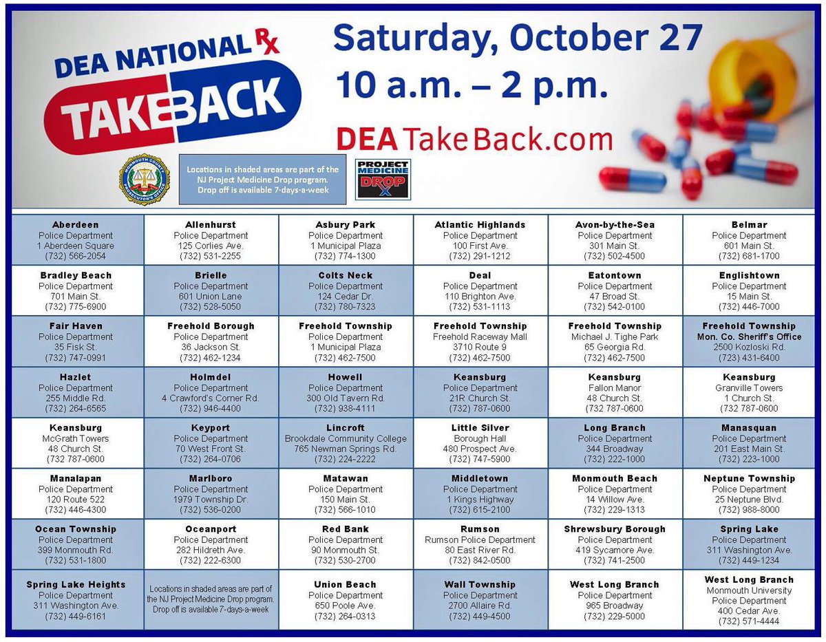 #NationalPrescriptionDrugTakeBackDay is today from 10am-2pm. This gives you the opportunity for easy and safe means for disposing of prescription drugs. Find the location in #MonmouthCounty closest to you. #DEATakeBackDay⁠ ⁠