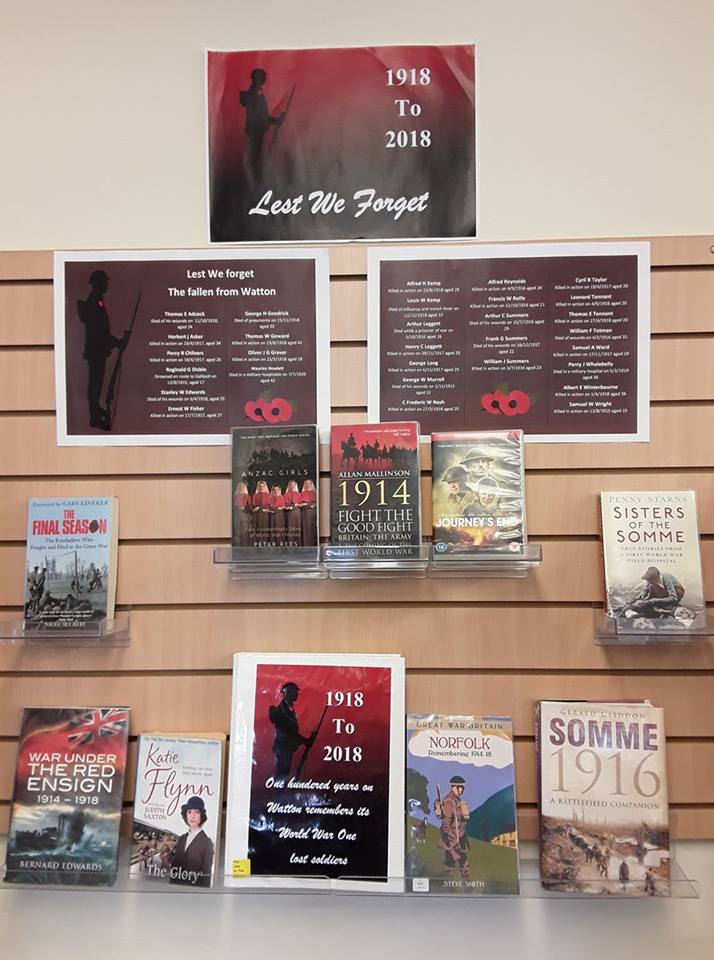 WattonLibrary's tweet image. To commemorate the 100 years since the First world War finished we have a display showing the fallen soldiers from Watton #thankyou100 #watton