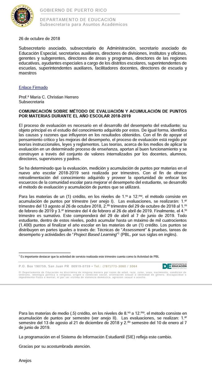 Continuan las improvisaciones en el <a href="/EDUCACIONPR/">Dpto. de Educación</a>. Ya acabó el primer trimestre y los maestros utilizaron las directrices dadas en el Compendio, sección A 800 para otorgar puntuaciones. ¡Las puntuaciones se dieron a base de 150 al año, no 100 por trimestre!  #BastaYa #Respeto