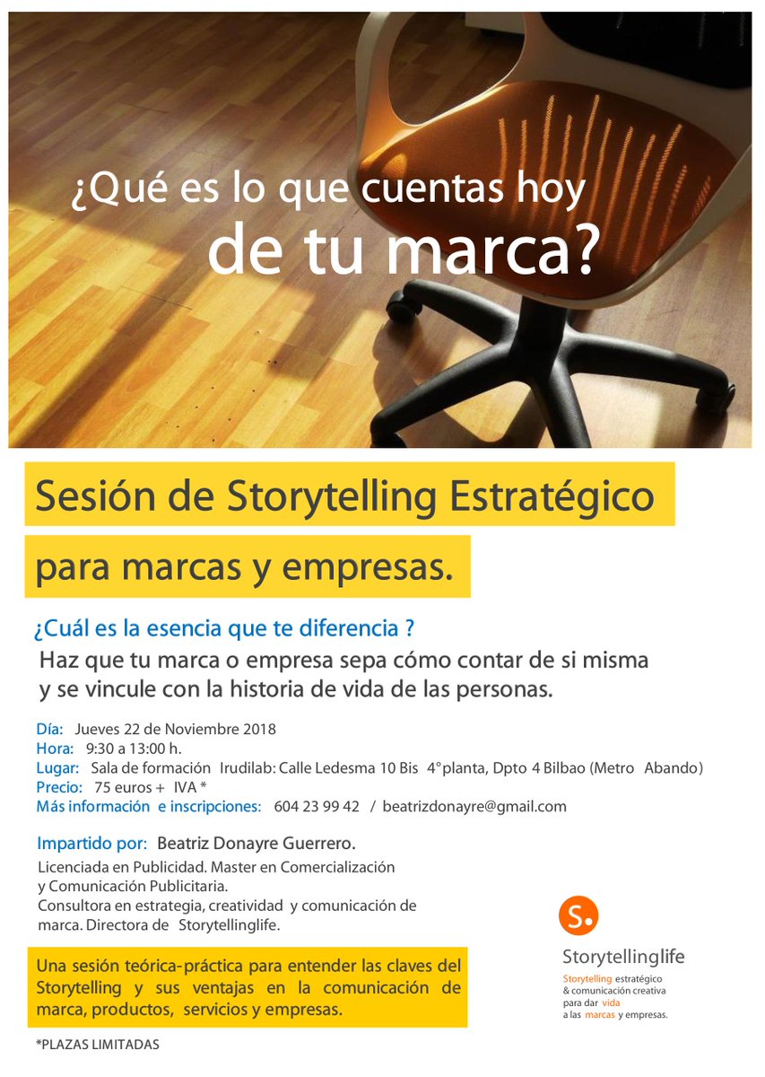 beatrizdonayre's tweet photo. Aprende a encontrar esa esencia que te diferencia. En Noviembre dictaré una sesión de #Storytelling Estratégico en Bilbao para Marcas y Empresas. Una sesión teórica práctica para entender las claves y ventajas del storytelling en la comunicación de marca. Plazas limitadas. https://t.co/185E5wvBJq