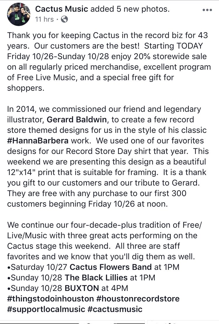 Our 43rd Anniversary weekend jams start TODAY Sat 10/27 with Cactus Flowers at 1PM! Jams continue tomorrow Sunday 10/28 with <a href="/TheBlackLillies/">The Black Lillies</a> at 1PM &amp; <a href="/Buxtonband/">BUXTON</a> at 4PM! Don’t forget to enjoy our 20% storewide sale too!