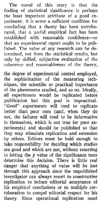 Lykken, 1968. The weakness of statistical significance in isolation, the need for replication, the central importance of methods, and a whole lot more.