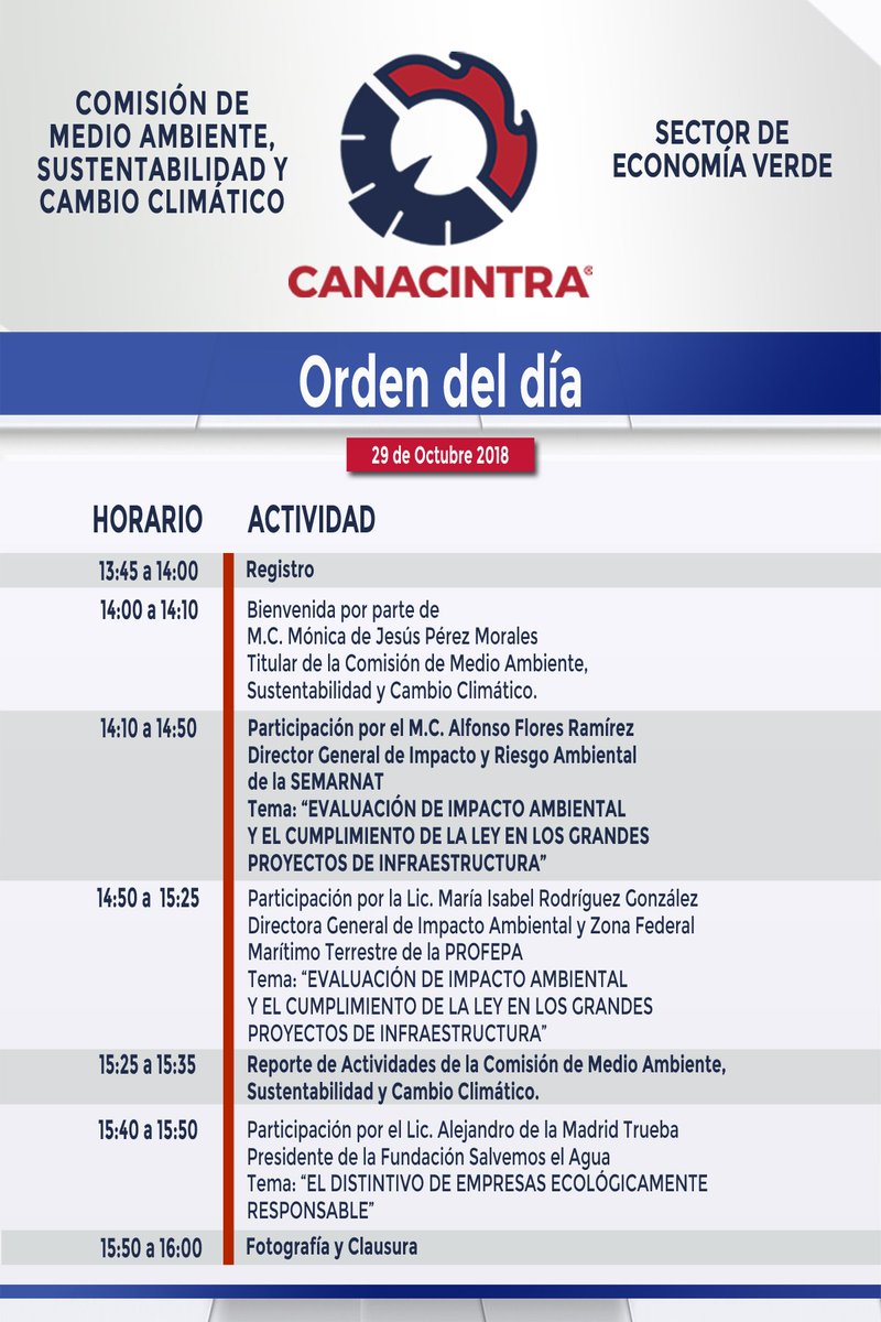 Acompañamos el 29 de octubre a las 14:00 horas. 
Contaremos con la participación del M.C. Alfonso Flores Ramírez, Director General de Impacto y Riesgo Ambiental de la SEMARNAT y la Mtra. Maria Isabel Rodríguez González, Directora General de Impacto Ambiental de la PROFEPA.
