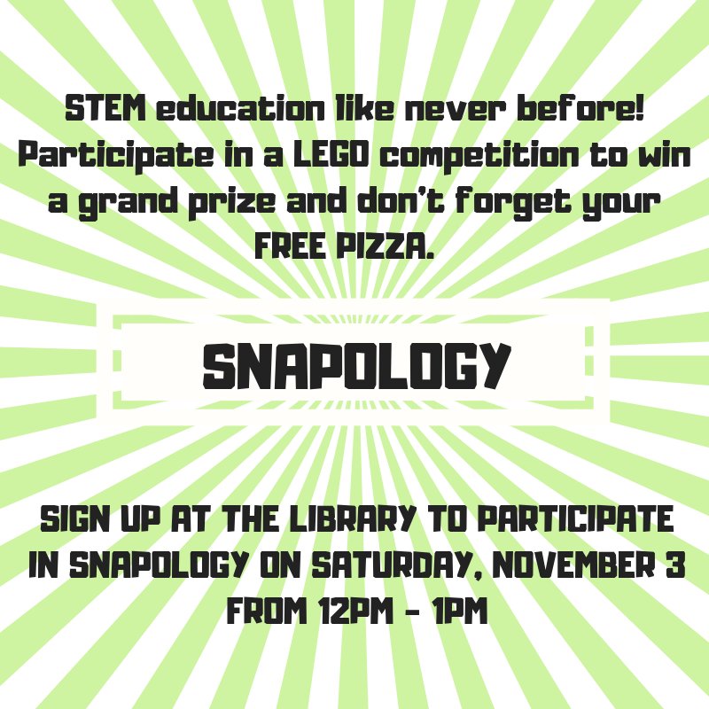 Join us for Snapology next Saturday from 12pm - 1pm!! Stop by the Sto Rox library for a LEGO competition &amp; some free PIZZA!!