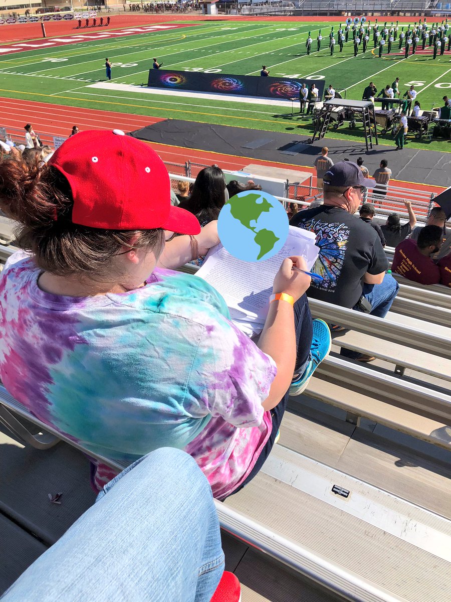SMSDHigh's tweet image. How about this for dedication? Ms. Thompson is grading essays while waiting for the band to perform at their regional contest in Corpus Christi. #CommittedtoSMSD #SpartanPRIDE