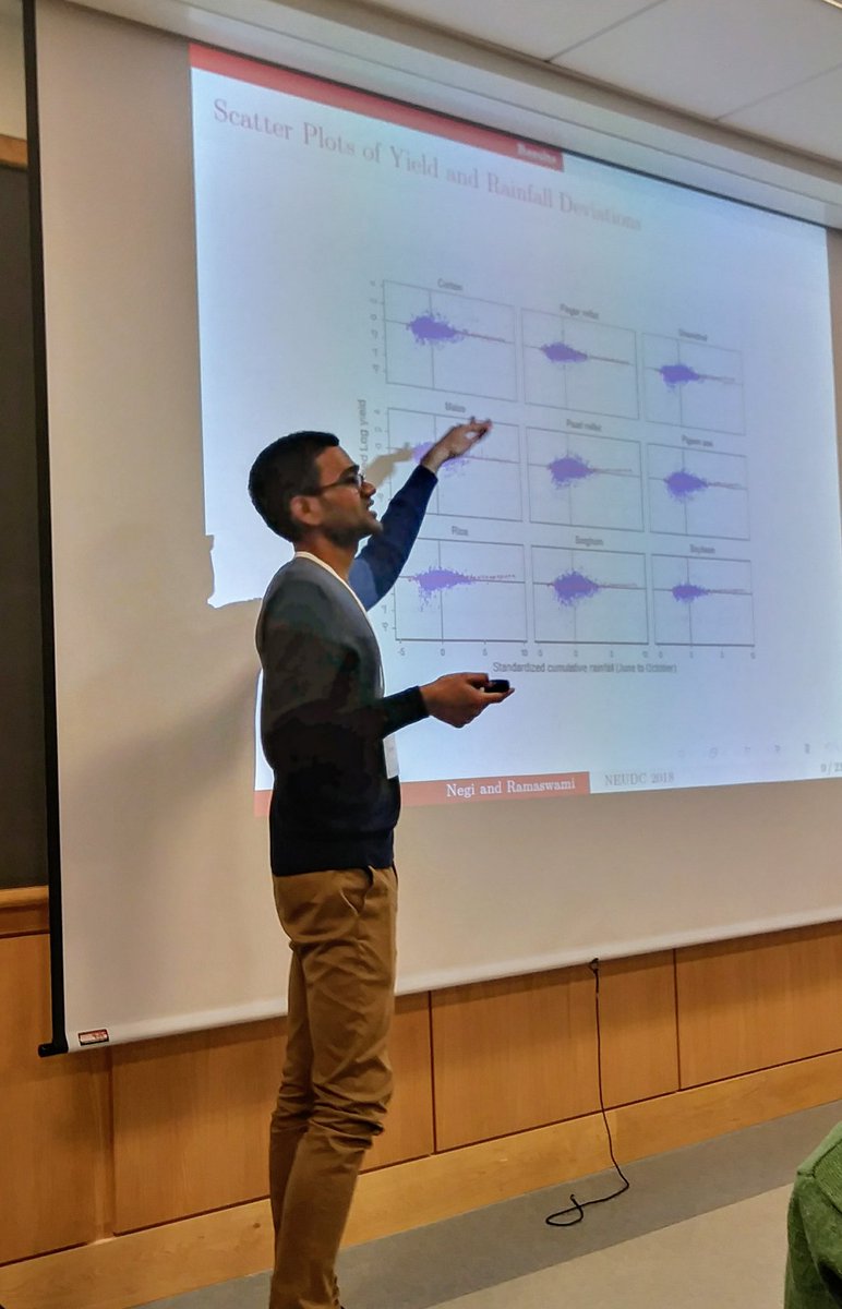tara_hammonds's tweet photo. Despite the development of innovative products, there remains low demand for #indexinsurance - Digvijay S. Negi (Indian Statistical Institute) explains how design basis risk affects insurance uptake #riskmanagement #NEUDC2018 #CornellDyson https://t.co/dKpSevaPWO