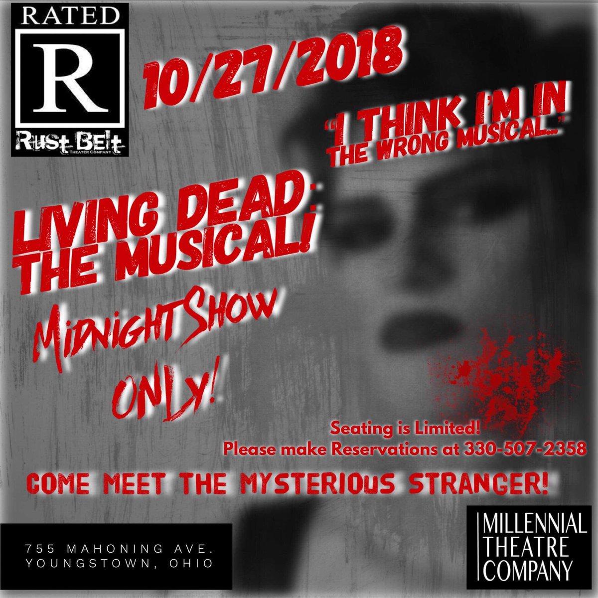 MTC_Theatre's tweet photo. Tonight at midnight MTC has a special surprise for you at Living Dead: The Musical at the Rust Belt Theater.  This is a show you don’t want to miss. Seats are limited, so get your tickets now! https://t.co/sDrhrNPKIw