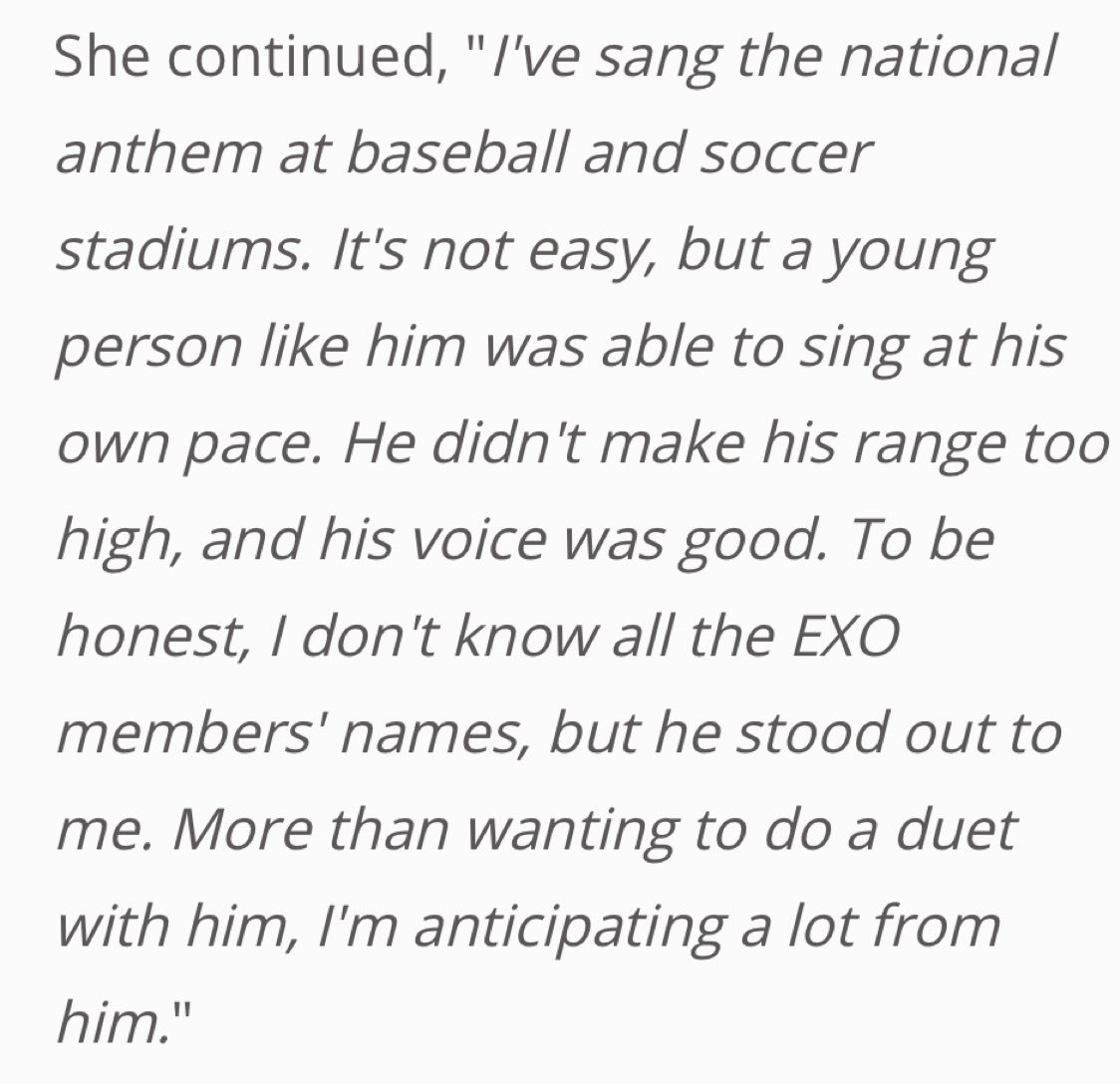 Lim Jeong Hee chose Baekhyun as one of the most talented artists she would like to work with. After seeing him preform the national anthem, she praises his vocals and says he stood out to her the most despite not knowing all the EXO member’s names.