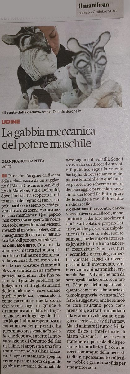 CSSTeatrostabileFVG (@cssudine) on Twitter photo 'Ad animare il tutto c'è il lavoro fisico e intellettuale di <a href="/MartaCuscuna/">Marta Cuscunà</a> che riesce a convincerci della necessità di un ripensamento collettivo,nobile e grandiosa sfida per una attrice sola'
#GianfrancoCapitta <a href="/ilmanifesto/">il manifesto</a> su Il canto della caduta visto a #TeatroContatto #Udine 'Ad animare il tutto c'è il lavoro fisico e intellettuale di <a href="/MartaCuscuna/">Marta Cuscunà</a> che riesce a convincerci della necessità di un ripensamento collettivo,nobile e grandiosa sfida per una attrice sola'
#GianfrancoCapitta <a href="/ilmanifesto/">il manifesto</a> su Il canto della caduta visto a #TeatroContatto #Udine