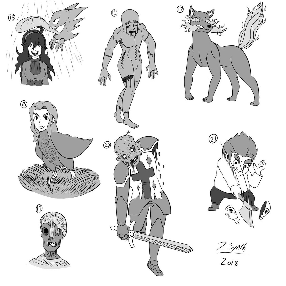 JacobSynth's tweet photo. #drawtober days 15-21 #hexmaniac #hauner #pokemon #tongueparasol #sewnshut #hellhound #harpysnest #mummy #underwraps #poisonedhollow #bonecutter #drawtober2018 #digitalart #digitaldrawing #screentone #myart #fanart https://t.co/1EgadZja7b