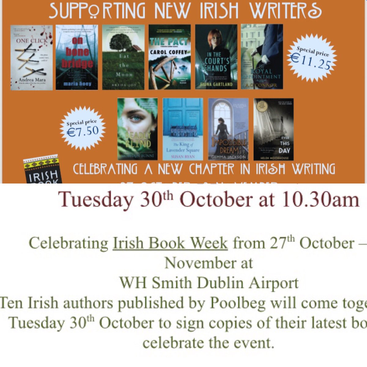 PoolbegBooks's tweet photo. #IrishBookWeek celebration event @WHSmith @DublinAirport 10.30am Tues 30th Oct. #meettheauthor All TEN of them ๐ฎ
@office_mum @FionaGartland @MariaHoey @WriterBredaJoy @scribblemum @GemmaDubliner @SiobhainBunni @susanannryan #AOConnor #CarolCoffey
All Welcome. Arrivals Hall. https://t.co/UmMvLypPuz