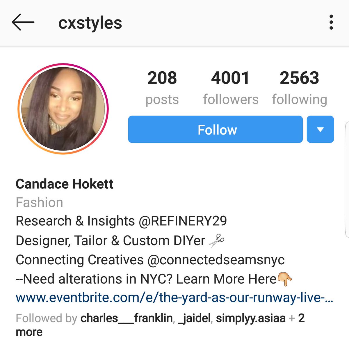 Candace HokettIG: CxstylesResearch & Insights Manager at Refinery29Designer & tailor Founder of connectedseamsnyc