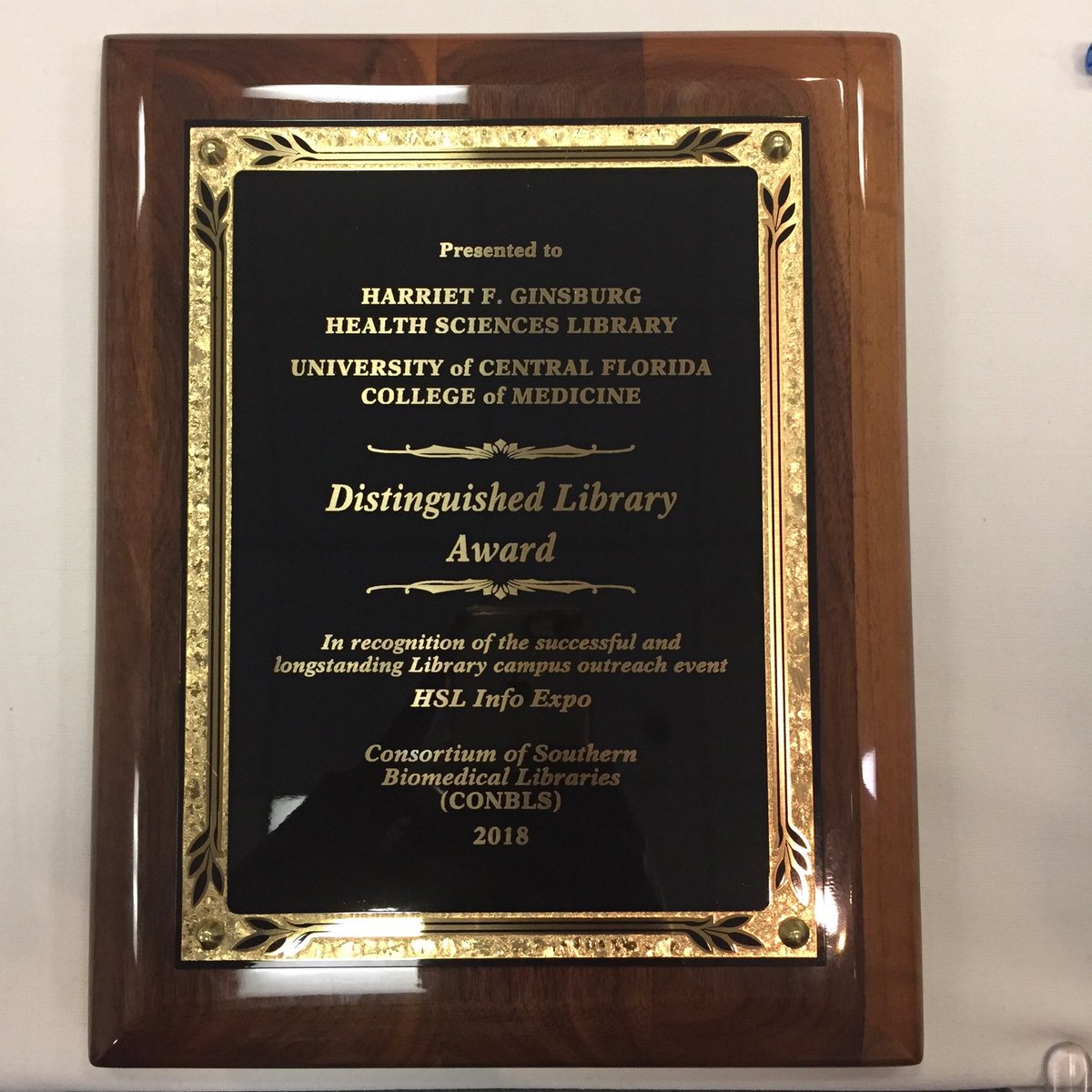 ucfcomhsl's tweet photo. Our library was thrilled to be awarded the Consortium of Southern Biomedical Libraries’ Distinguished Library Award today for our biannual HSL Info Expo outreach event! #nailedit #SCMLA18 #scmla2018 https://t.co/I4yECw6i7f