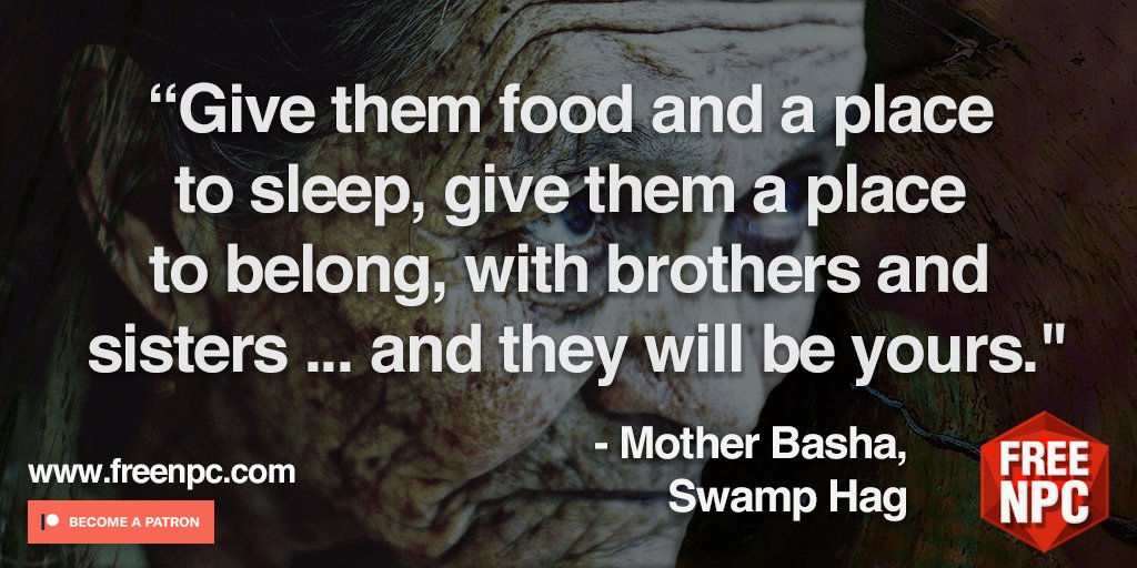 FreeNpc's tweet image. FreeNPC: Mother Basha, Swamp Hag - bit.ly/mthrb “Give them food and a place to sleep, give them a place to belong, with brothers and sisters ... and they will be yours.&quot; #dungeonsanddragons #pathfinder #ttrpg #DMtip #DMtips Please RT