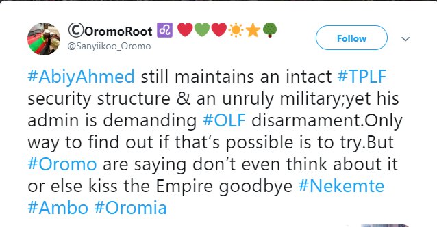 AwRobleh's tweet photo. Oromo is-dooxaneysa ayay qaar Somalida ah ka sugayaan inay u keento #Darajo &amp; Maal. Ninkaad Kabo ka tolanayso waxaa la fiiriyaa kabihiisa. Inta #Maanku #Gaajaysan yahay guuli waa wali @sagal2010 @Barkinka1 @ogadenonline @Qaalinta_Sool @Free_Somaliweyn @somalilane @CiidaCouncil https://t.co/WqSyMwSryx