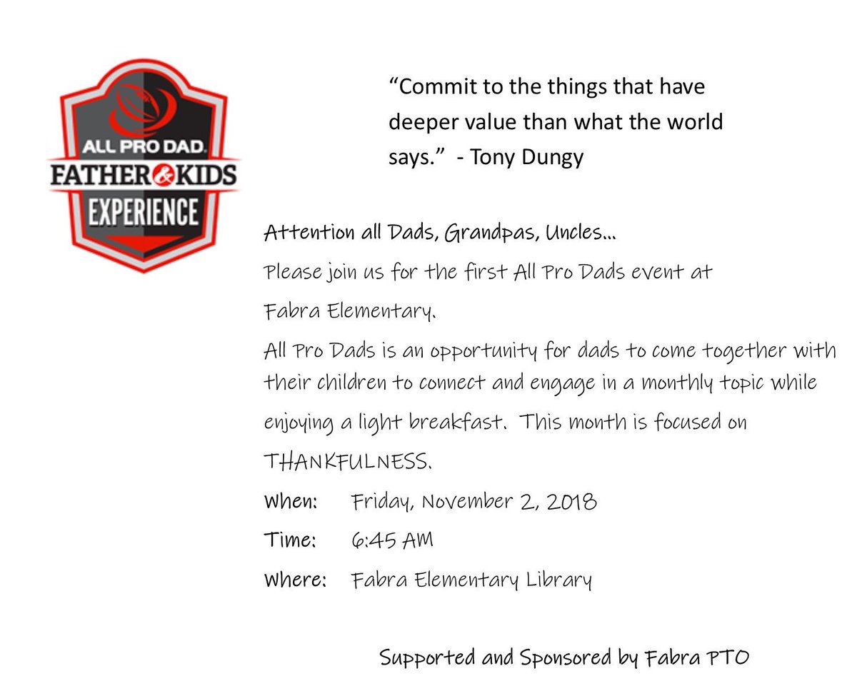 🙋‍♂️We are excited to announce a new program: All Pro Dad 🙋‍♂️
Join us this Friday, Nov 2nd to hear all about this wonderful monthly new adventure for Dad's and kiddos! Light breakfast provided. Comment and let us know if you can make it!