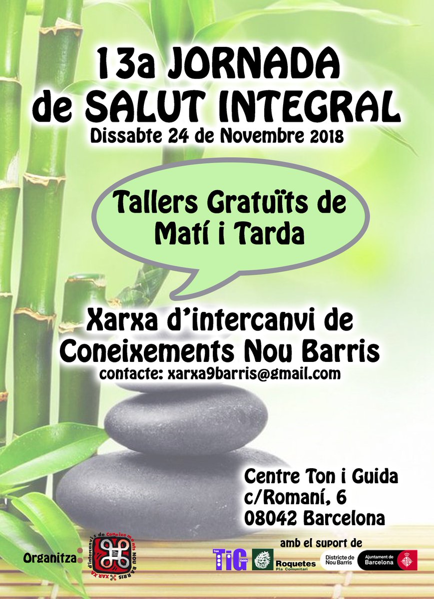 El Proper dia 24 de Novembre, és celebra la 13a Jornada de Salut Integral organitzada per la <a href="/xic9barris/">XIC Nou Barris</a>. Una jornada dedicada a Conèixer Tècniques de Treball interior, que puguin ser beneficioses per a la salut. Us esperem!!!
Núria L. Orbaneja
Coordinadora XIC9barris