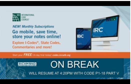 IntlCodeCouncil's tweet photo. The Group A Public Comment Hearings from Richmond, Va., will resume at 4:20 ET. Watch the live webcast of the hearings here: https://t.co/MMrpM0mlTn  #2018codehearings #ICCAC18 #buildingcodes #buildingsafety https://t.co/eQ5cWu2cHT