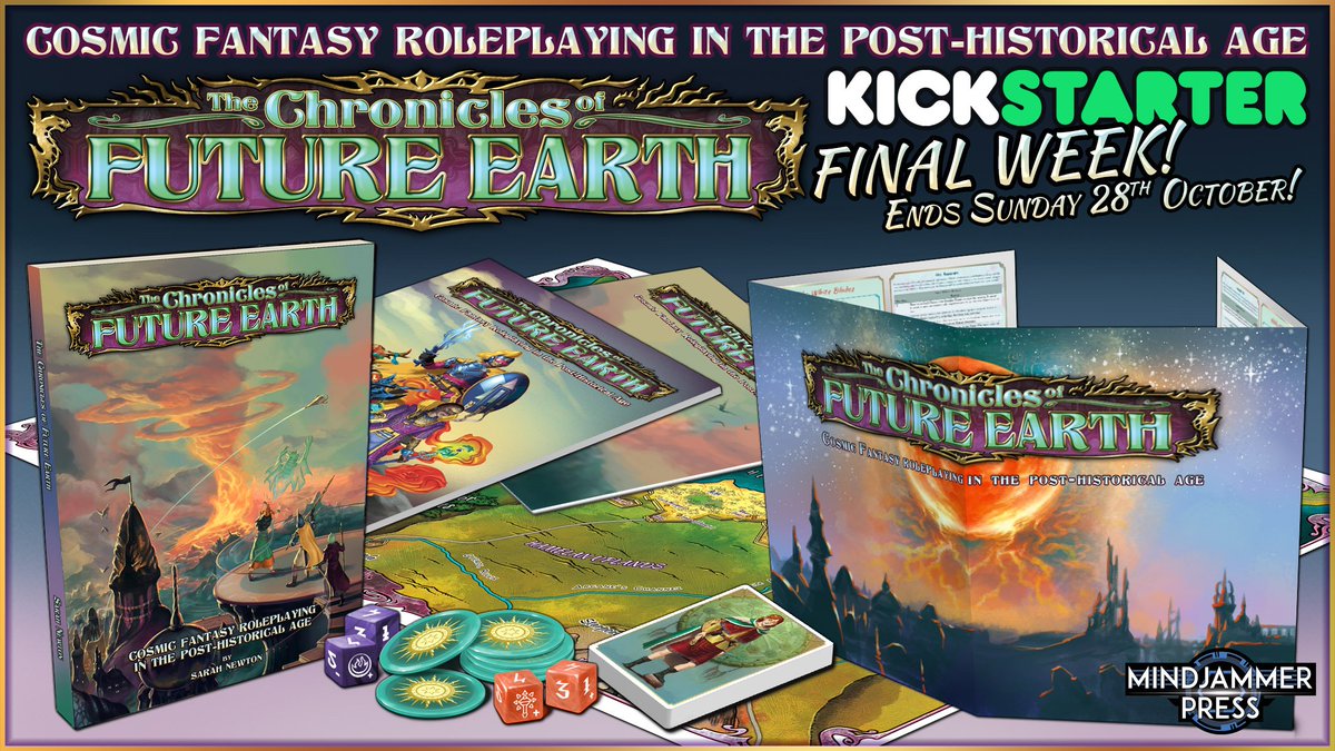 There's still just over 24 hours still to go on the kickstarter for THE CHRONICLES OF FUTURE EARTH - COSMIC FANTASY ROLEPLAYING IN THE POSTHISTORICAL AGE. Fantastic pledge levels and stretch goals already unlocked, and closing in on more! #RPG kickstarter.com/projects/32846…