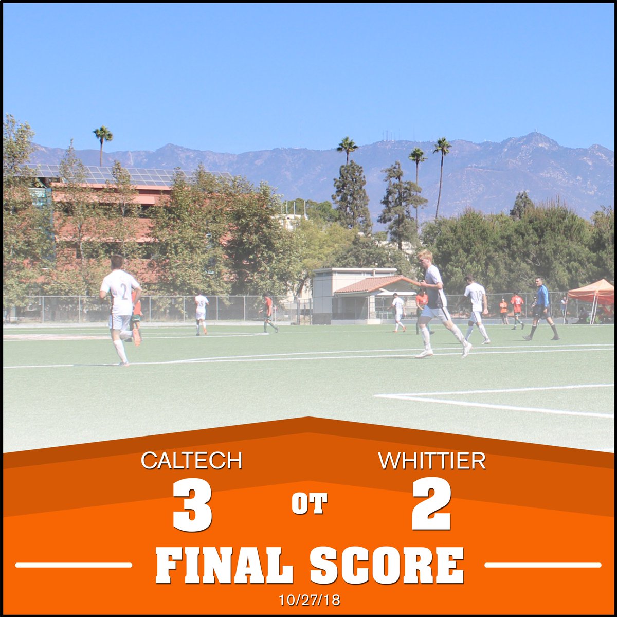 Final Score: After extra time: @Caltechmsoc 3-2 Whittier! After trailing by 2 at the break the Beavers put 2 past the Poets to force extra time. A game winner by Chad Thut ends a fantastic Senior Day! #CaltechRising #D3S