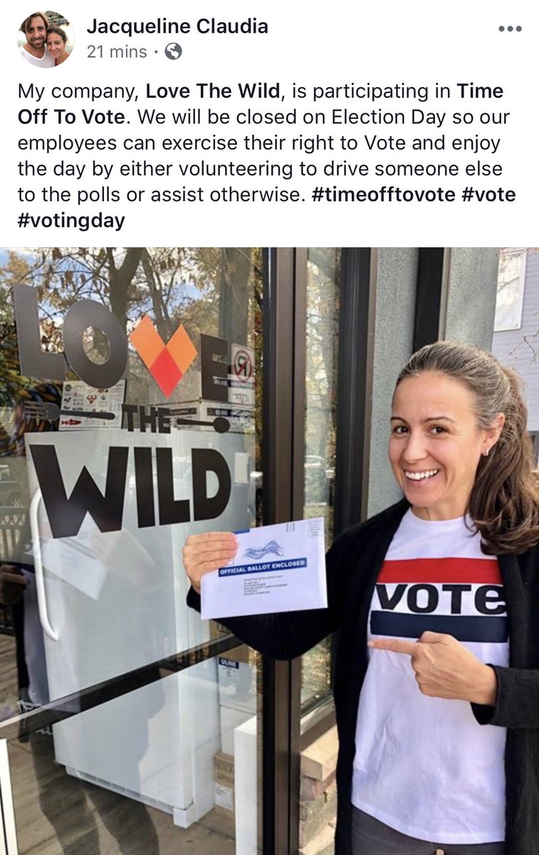 TimeOffToVote's tweet image. Thank you for leading the way, @LoveTheWildCo and the badass CEO Jacqueline Claudia for giving your team #TimeOffToVote, volunteer and celebrate democracy! #vote #PowerToThePolls #votingday