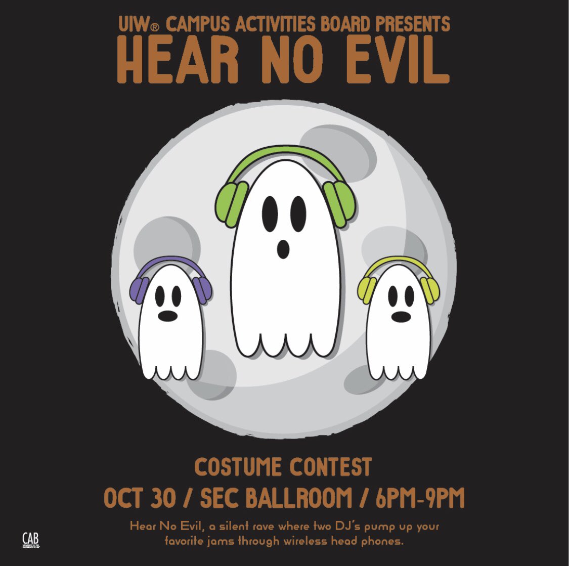 CABuiw's tweet photo. 3 DAYS until our silent disco event HEAR NO EVIL! 👻🎧 We will be hosting two DJ's to play your favorite songs! There's going to be games, giveaways, and a COSTUME CONTEST! https://t.co/ppueTvmslS