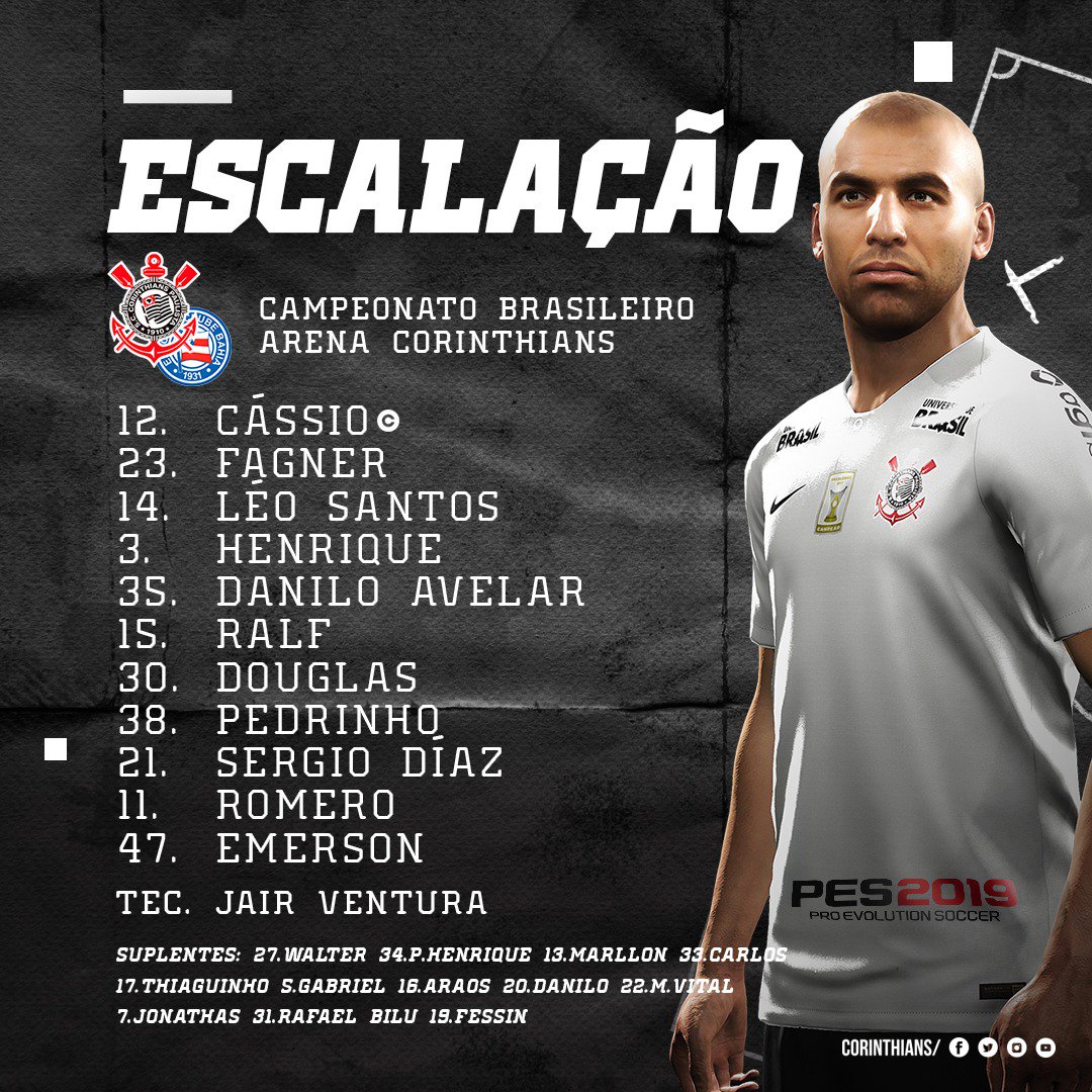 Corinthians escalado para o confronto com o Bahia