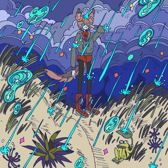 #きつね版深夜の真剣お絵描き60分一発勝負

過去お題から『夕立』
大粒の雨が突然わんわん振り出した…??️ 