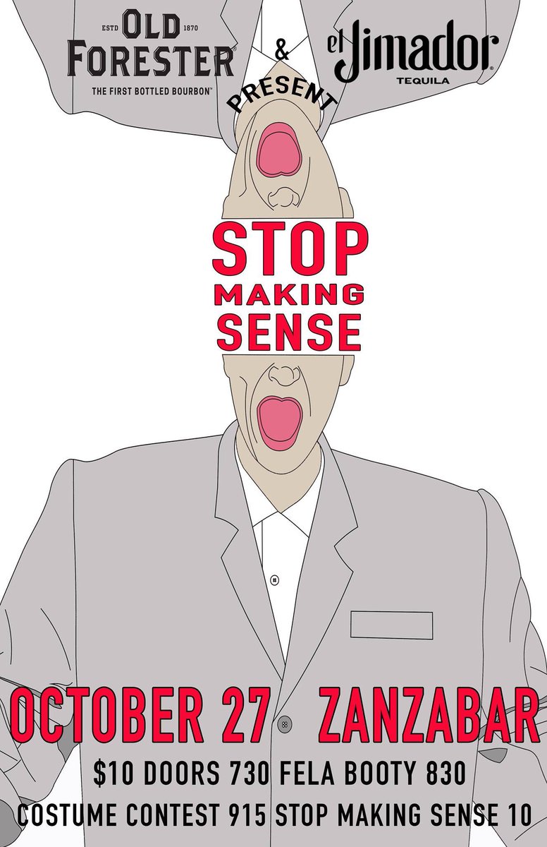 🎃 STOP MAKING SENSE COSTUME PARTY AT ZBAR!

With an all-star cast performing the 1984 Talking Heads’ concert film.

DOORS = 730
FELA BOOTY = 830
COSTUME CONTEST = 915
STOP MAKING SENSE = 10
GLITTERTITZ DJZ = MIDNIGHT-LATE