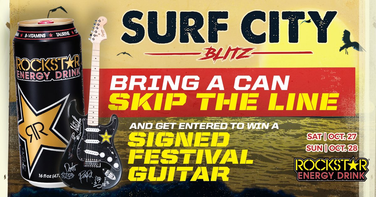 Bring a can of #RockstarEnergy to <a href="/SurfCityBlitz/">Surf City Blitz</a> and SKIP THE LINE! ➕ we’ll be giving away a Signed Festival Guitar | Passes on sale now at SurfCityBlitz.com