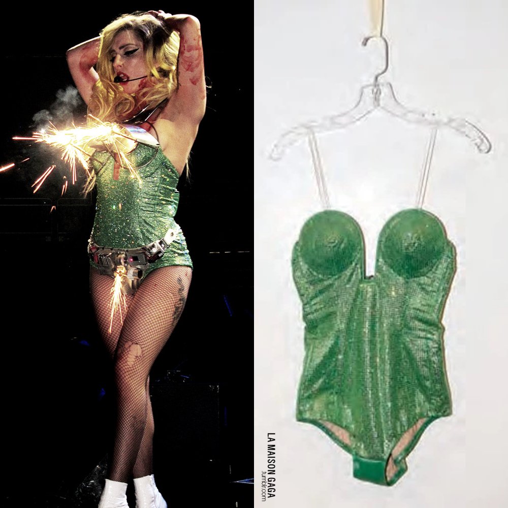 LaMaisonGaga_'s tweet photo. Monster Ball Tour Fashion Part II: @ladygaga performed "Paparazzi" wearing a custom #HausofGaga green crystal dress & bodysuit inspired by a vintage @Mugler design. Pyro bra & panties by #TomTalmonStudio. https://t.co/eM1tSQQjxb