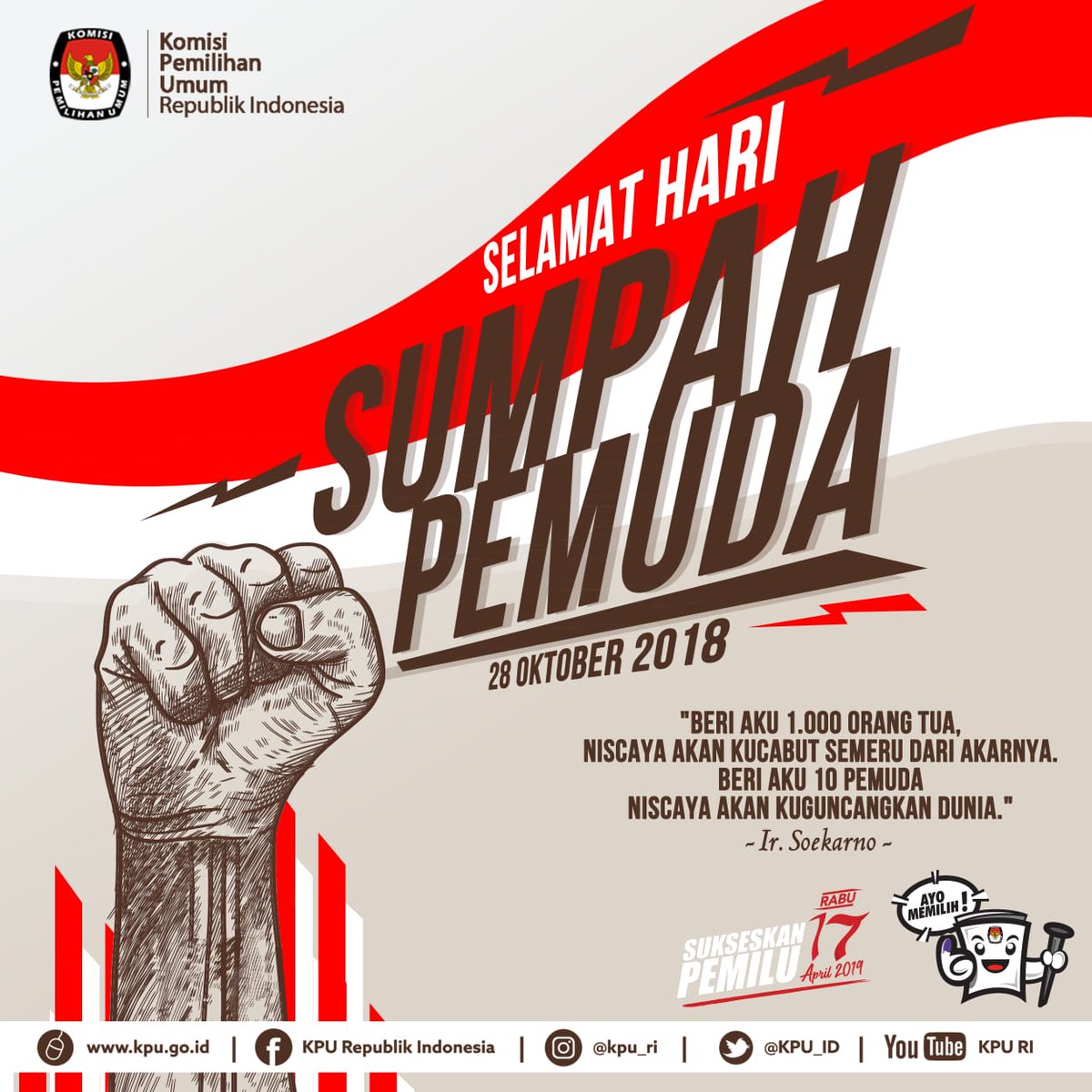 Pemuda harapan bangsa, suara anda menentukan masa depan Indonesia #SelamatHariSumpahPemuda #KPUmelayani #SukseskanPemilu2019