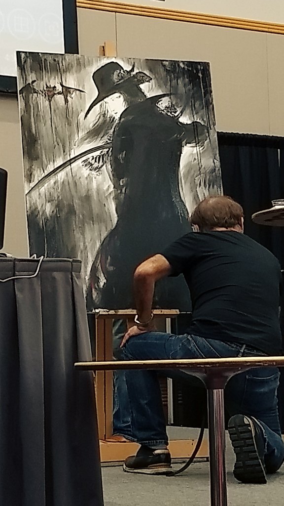 infinite_bagel's tweet photo. The Yoshitaka Amano panel was one of the RADDEST panels I've ever been to at any con, he painted this in 30 minutes right before my now-blinded eyes https://t.co/B9IjGrblHs