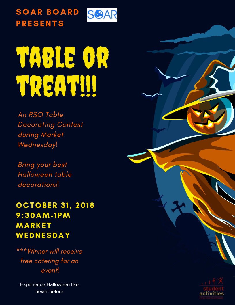 🎃🎃🎃👻👻👻ATTENTION RSOs❗️❗️❗️We will be having a spooktacular Market Wednesday on Halloween! Decorate your table and you could win free catering for one your events!👻👻👻🎃🎃🎃
