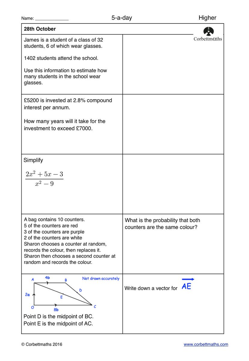 Corbettmaths's tweet photo. Studying for Higher GCSE Maths? Try today's Foundation Plus, Higher &amp; challenging Higher Plus #maths5aday answers: https://t.co/y0pzhCfwdz https://t.co/AU4wtCLWQc