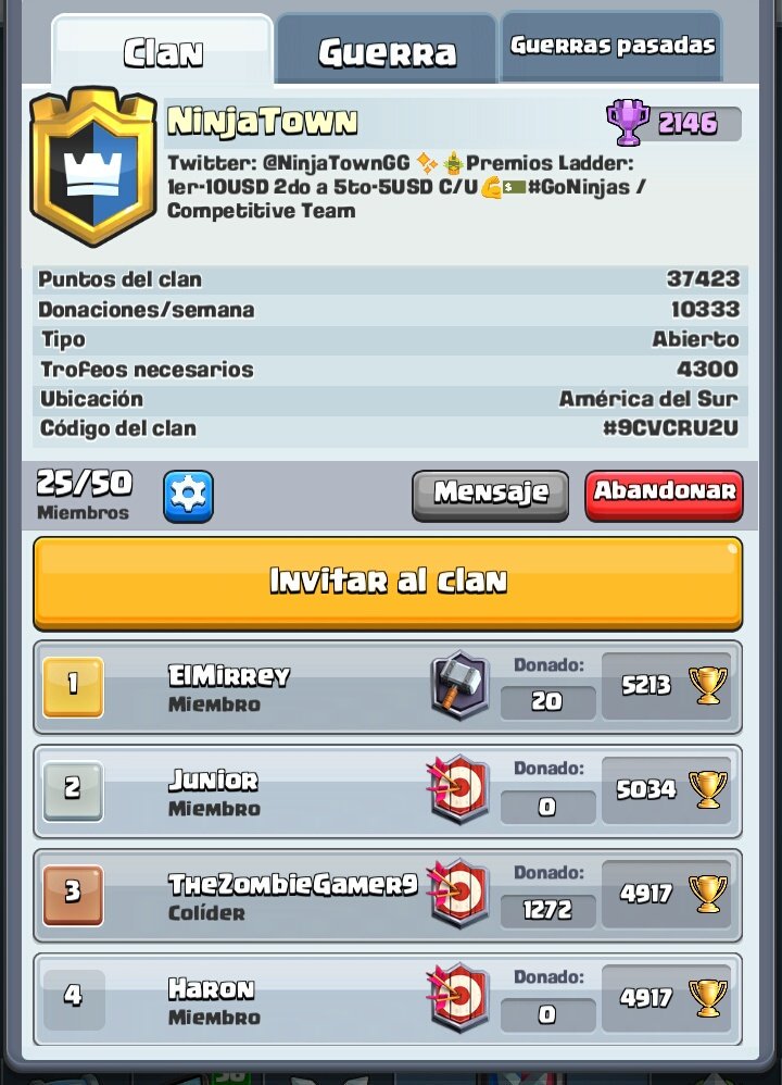 Estamos en busca de jugadores!! 
Requisitos: 
4600+ record de copas 💪
25+ victorias en guerra ⚡
12+ wins en desafío 🌀
Ser activo principalmente

Beneficios:
Header profesional 😎
Premios a fin de temporada 🎁
Pago por win rate en competitivo/ladder 💵
Buen ambiente en el clan.