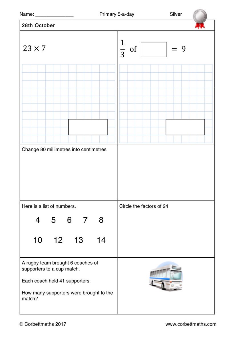 Corbettmaths's tweet photo. Primary 5-a-day with 4 levels of difficulty: bronze, silver, gold and platinum #corbett5aday #maths5aday Answers: https://t.co/ruVqVMwRyg https://t.co/ypDFNCGShl