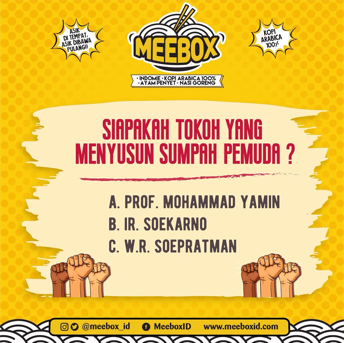 meebox_id's tweet photo. Selamat Hari Sumpah Pemuda! Ayo coba ada yang inget gaak, siapa tokoh yang menyusun naskah sumpah pemuda? Inget? Yuk tulis jawabannya! 

#meeboxid #meeboxindonesia #meeboxjakarta #meeboxbandung #sumpahpemuda https://t.co/KDVnkn3F69