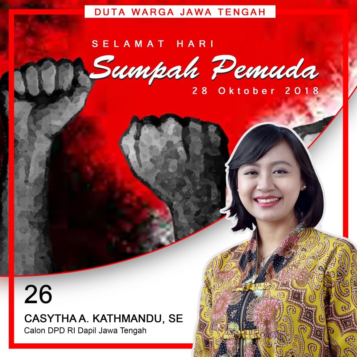 Semangat para pemuda 90 tahun lalu harus tetap diteruskan pemuda saat ini. Bagaikan api yg tak pernah padam, semangat itulah simbol pemuda dlm menyatukan tanah air, bangsa, dan bahasa. 
#sumpahpemuda
#jujur
#muda
#profesional
#peduli
#Casytha
#Sita
#DutaJateng
#DPDRI
#pemilu2019