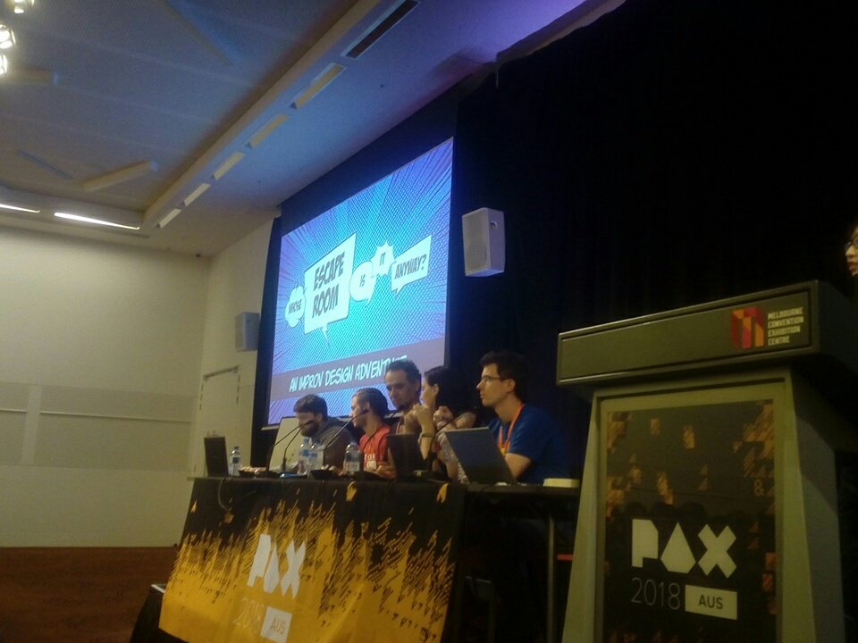 Carter_Bush's tweet photo. Escape room panel #2 of 2, here's hoping it's as fantastic as the first! #PAXaus #PAXAus2018 https://t.co/VYHJTuz69H
