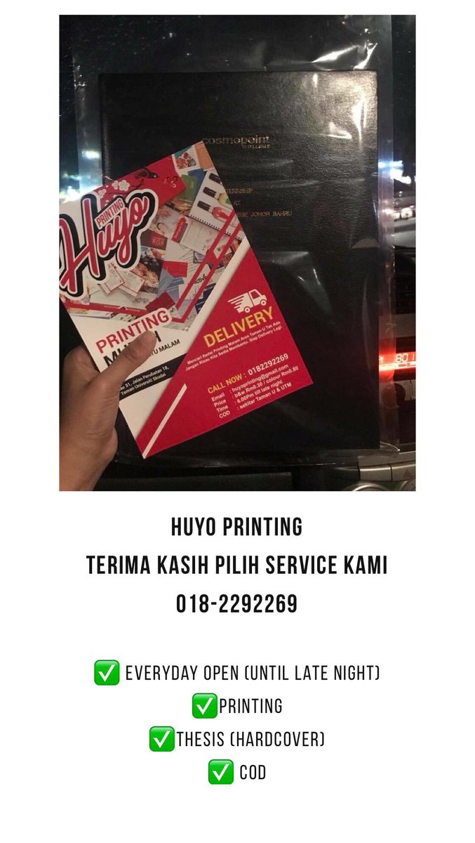 ikhwannHanif's tweet photo. Hi student student,

Nak print FYP, report dan hardcover tapi tak ada masa nak print. Anda semua boleh cuba perkhidmatan kami. 

✅ thesis (hardcover)
✅ print
✅ photostate 
✅ namecard 
✅ sijil
✅ cod

https://t.co/YIbPj40JER
#printingservicejb #student #thesis https://t.co/6aHTBazB7C