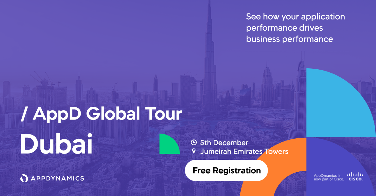 AppDynamics's tweet photo. The Agents of Transformation are gathering in Dubai for #AppDGlobalTour on the 5th December. Learn how #APM can drive Business Performance. Meet our experts and learn about some of the greatest customer success stories in the region. Sign up today: https://t.co/UbM7vTKxOn https://t.co/4rNfpYVbpk