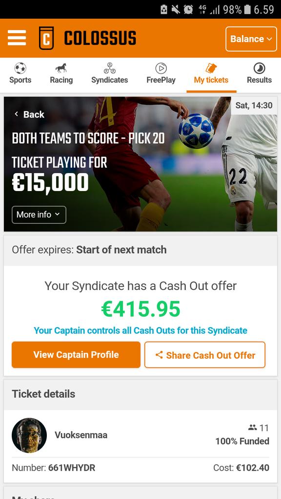 BastardPerch's tweet image. Professional betting? What our captain #ESBC_Vuoksenmaa is doing in #ColossusBets. No panic and all fine. This hero takes 40% cashout. Do i need to cover my 12€ to miss good jackpot? #lmao #bets #moniveto #veikkaus