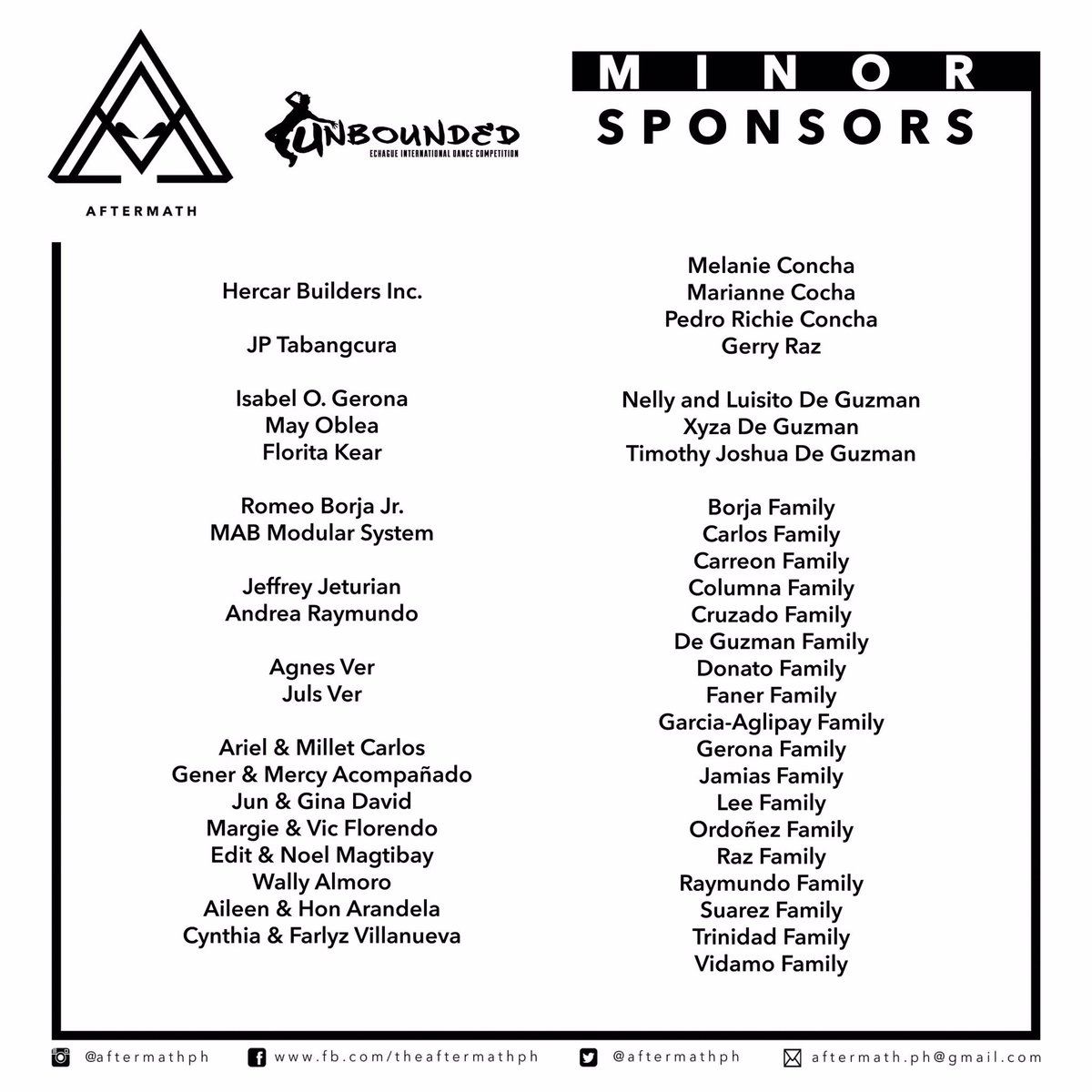 AftermathPh's tweet photo. We would like to thank our sponsors, partners, families and friends for supporting us in our Unbounded journey! This wouldn’t be possible without your help!
#AftermathPH
#MengalFestival2018
#UnboundedCompetition https://t.co/TX59hQarOR